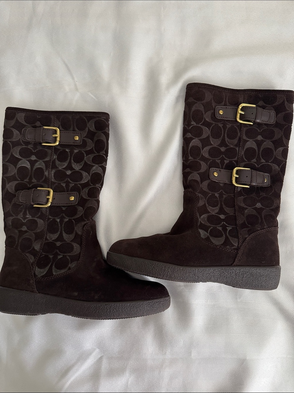 Coach Dark Brown Suede Logo Mid-Calf Buckle Boots